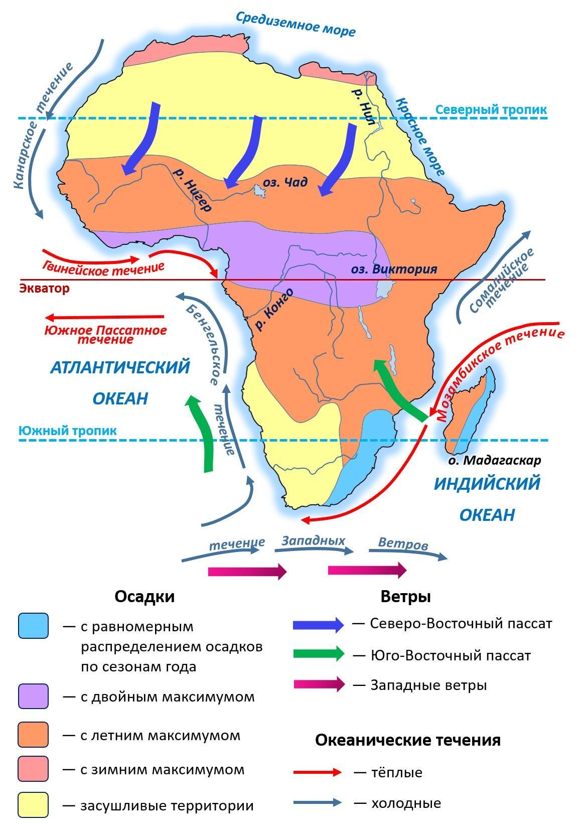Холодные и теплые течения Африки на карте