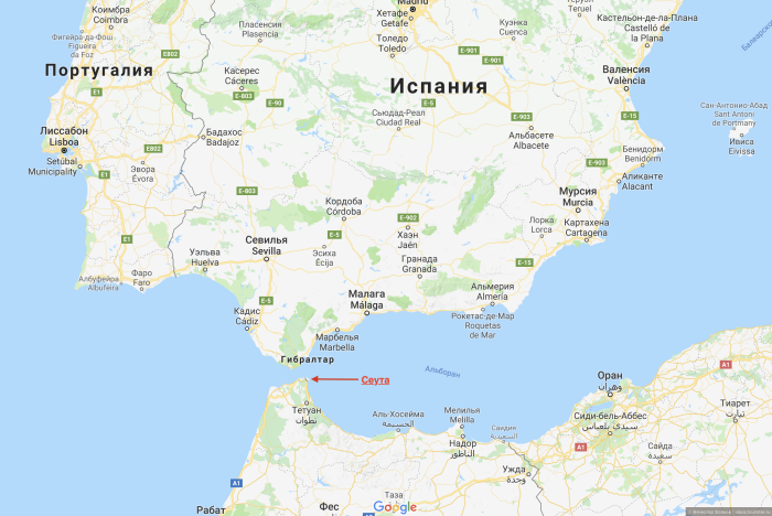 Гибралтарский пролив на карте полушарий