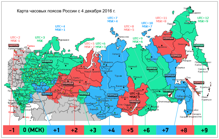 Карта часовых зон России 2020